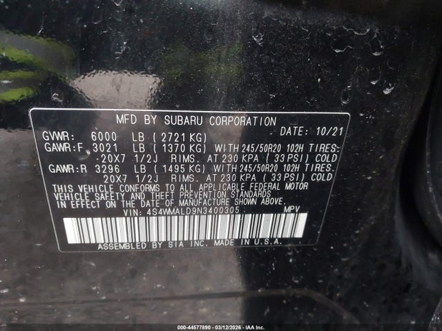 44577890 :رقم المزاد ، 4S4WMALD9N3400305 vin ، 2022 Subaru Ascent Limited مزاد بيع
