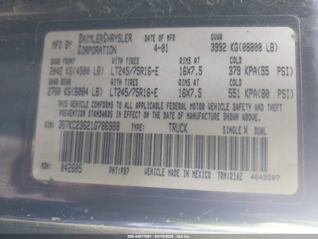 44577891 :رقم المزاد ، 3B7KC23621G786988 vin ، 2001 Dodge Ram 2500 St مزاد بيع