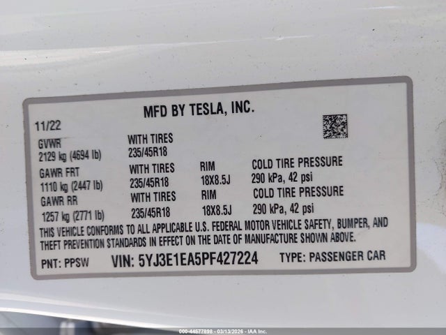 Продаж на аукціоні авто 2023 Tesla Model 3 Rear-wheel Drive, vin: 5YJ3E1EA5PF427224, номер лоту: 44577898