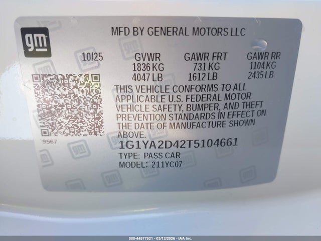 2026 Chevrolet Corvette Stingray , 1lt, Rwd მანქანა იყიდება აუქციონზე, vin: 1G1YA2D42T5104661, აუქციონის ნომერი: 44577921