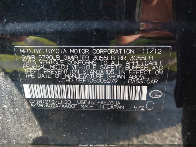 2013 LEXUS LS 460 JTHDL5EF1D5005279 Photo 8