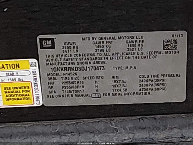 Aukcja sprzedaży 2013 Gmc Acadia Slt-1, vin: 1GKKRRKD3DJ170473, numer aukcji: 44577989