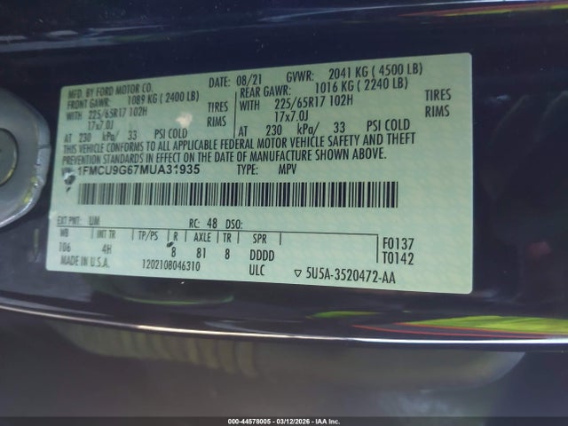 2021 Ford Escape Se მანქანა იყიდება აუქციონზე, vin: 1FMCU9G67MUA31935, აუქციონის ნომერი: 44578005