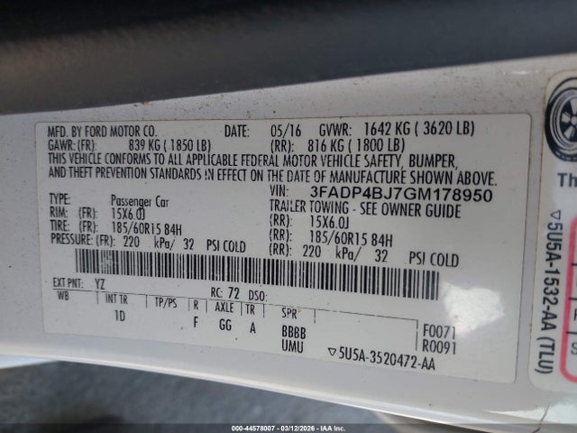 3FADP4BJ7GM178950 Ford FIESTA SE