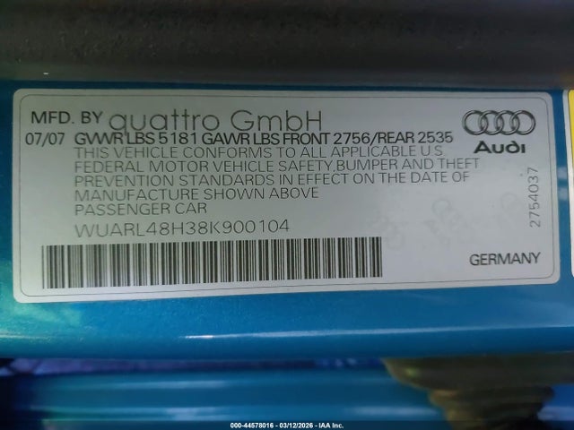 2008 AUDI S4 WUARL48H38K900104 Photo 8