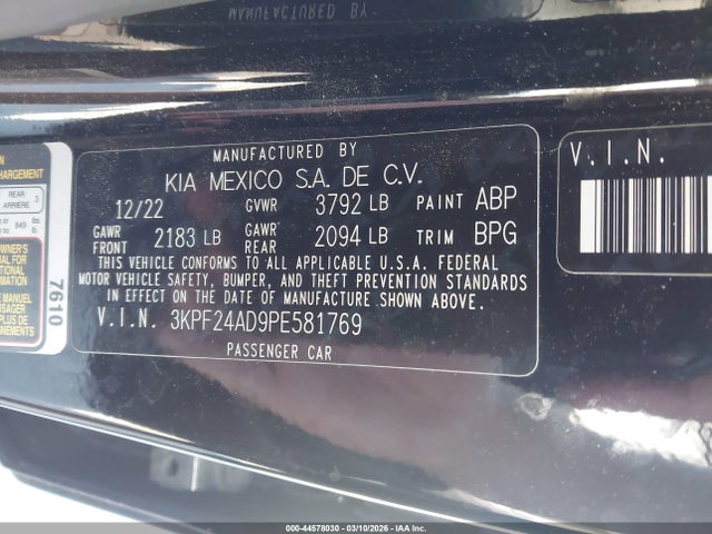 2023 Kia Forte Lxs მანქანა იყიდება აუქციონზე, vin: 3KPF24AD9PE581769, აუქციონის ნომერი: 44578030