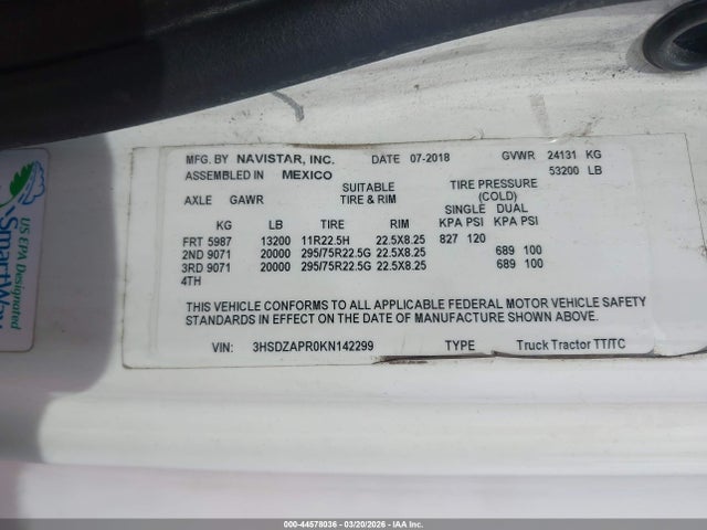 44578036 :رقم المزاد ، 3HSDZAPR0KN142299 vin ، 2019 International Lt مزاد بيع