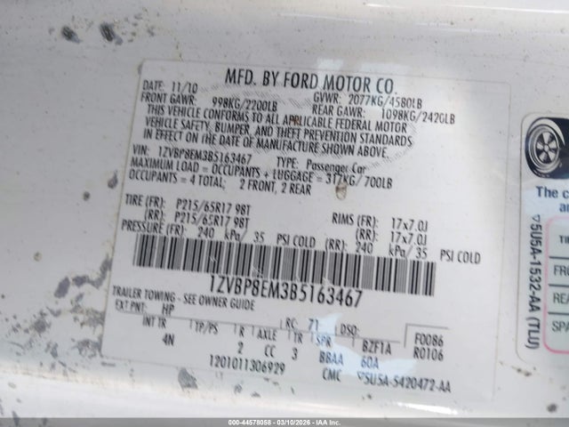Aukcja sprzedaży 2011 Ford Mustang V6 Premium, vin: 1ZVBP8EM3B5163467, numer aukcji: 44578058