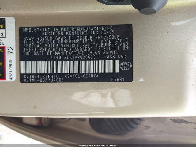2010 Toyota Camry მანქანა იყიდება აუქციონზე, vin: 4T4BF3EK2AR026663, აუქციონის ნომერი: 44578062