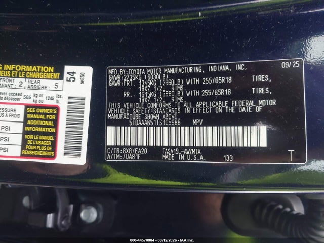 Aukcja sprzedaży 2026 Toyota Grand Highlander Xle, vin: 5TDAAAB51TS105986, numer aukcji: 44578084