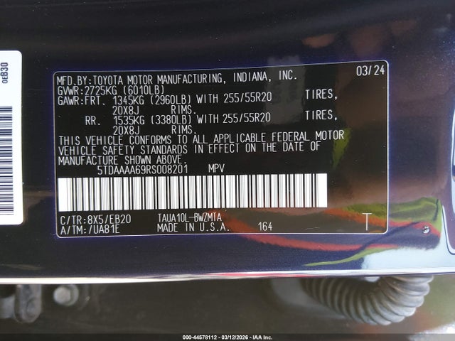 44578112 :رقم المزاد ، 5TDAAAA69RS008201 vin ، 2024 Lexus Tx 350 Premium مزاد بيع