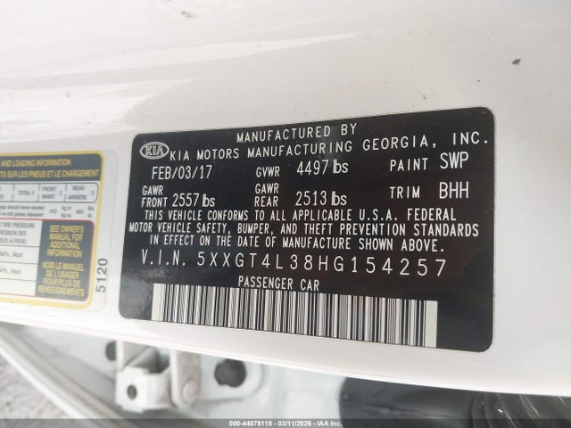 Aukcja sprzedaży 2017 Kia Optima Lx, vin: 5XXGT4L38HG154257, numer aukcji: 44578115