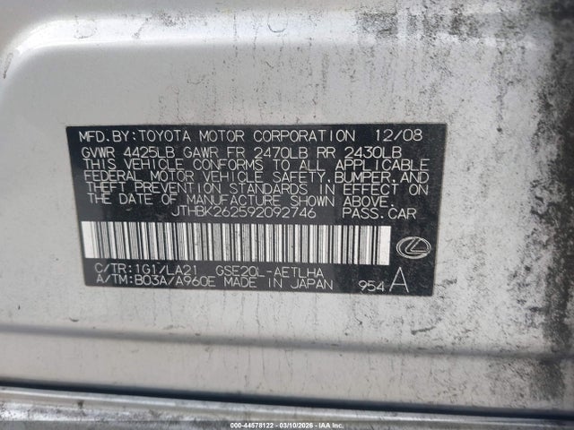 Aukcja sprzedaży 2009 Lexus Is 250, vin: JTHBK262592092746, numer aukcji: 44578122