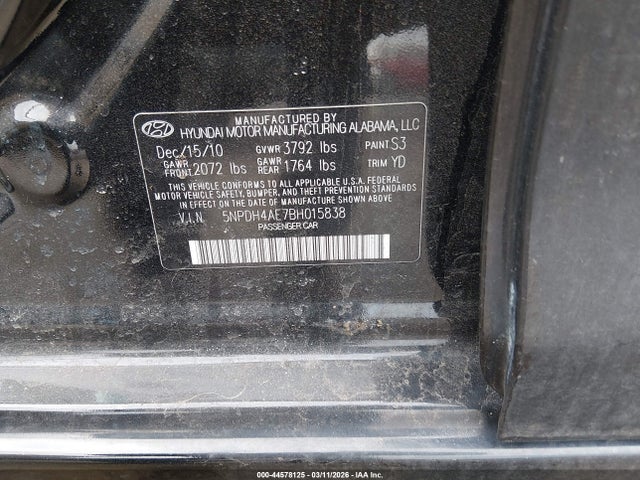 Aukcja sprzedaży 2011 Hyundai Elantra Gls, vin: 5NPDH4AE7BH015838, numer aukcji: 44578125