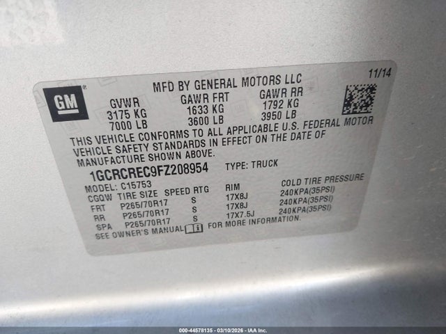 1GCRCREC9FZ208954 Chevrolet Silverado 1500 2lt