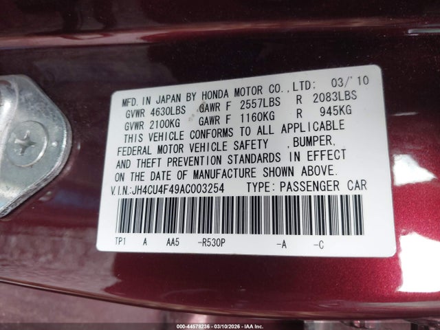 Продажа на аукционе авто 2010 Acura Tsx 3.5, vin: JH4CU4F49AC003254, номер лота: 44578236