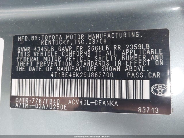 Aukcja sprzedaży 2009 Toyota Camry Le, vin: 4T1BE46K29U862700, numer aukcji: 44578240