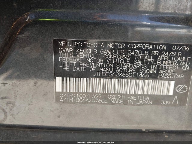44578270 :رقم المزاد ، JTHBE262X65011466 vin ، 2006 Lexus Is 350 مزاد بيع