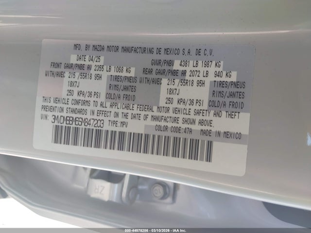 44578286 :رقم المزاد ، 3MVDMBBM6SM847203 vin ، 2025 Mazda Cx-30 2.5 S Select Sport مزاد بيع