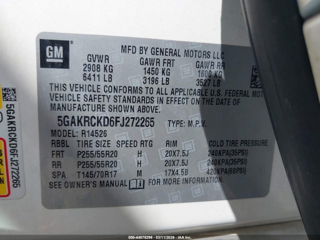 44578296 :رقم المزاد ، 5GAKRCKD6FJ272265 vin ، 2015 Buick Enclave Premium مزاد بيع