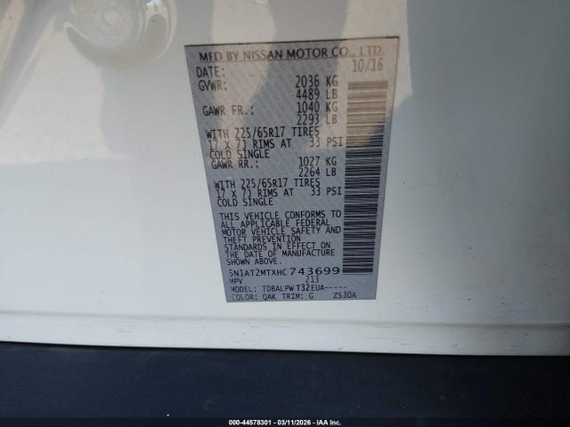 Aukcja sprzedaży 2017 Nissan Rogue S, vin: 5N1AT2MTXHC743699, numer aukcji: 44578301