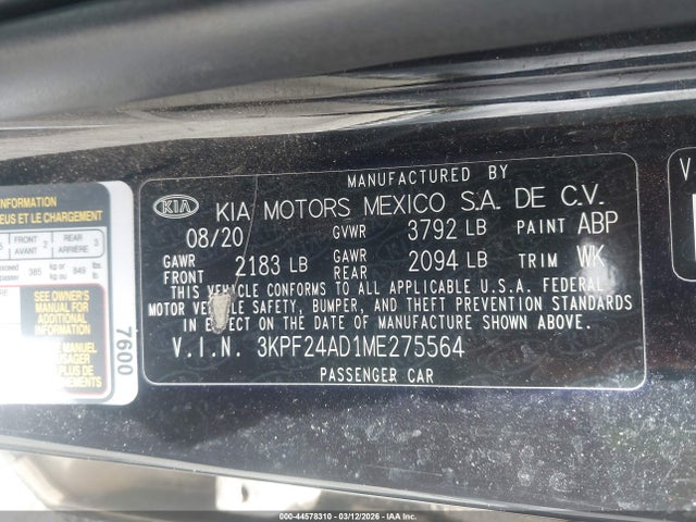 2021 Kia Forte Fe მანქანა იყიდება აუქციონზე, vin: 3KPF24AD1ME275564, აუქციონის ნომერი: 44578310