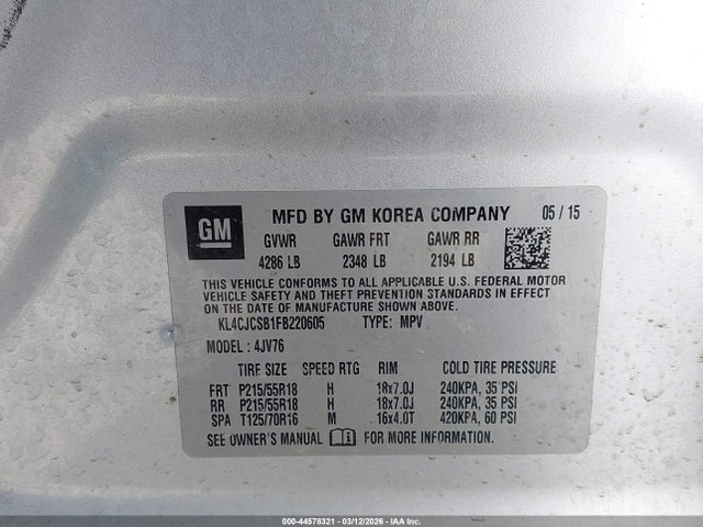 2015 Buick Encore Leather მანქანა იყიდება აუქციონზე, vin: KL4CJCSB1FB220605, აუქციონის ნომერი: 44578321