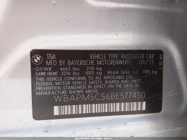 2011 BMW 335I WBAPM5C56BE577450 Photo 8