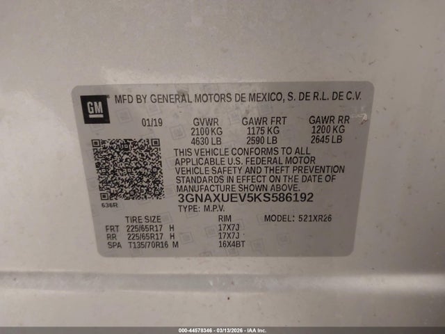 Aukcja sprzedaży 2019 Chevrolet Equinox Lt, vin: 3GNAXUEV5KS586192, numer aukcji: 44578346