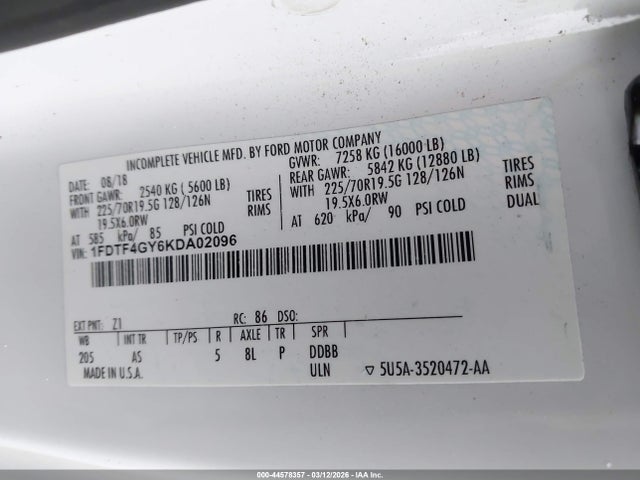 Продажа на аукционе авто 2019 Ford F-450 Chassis Xl, vin: 1FDTF4GY6KDA02096, номер лота: 44578357