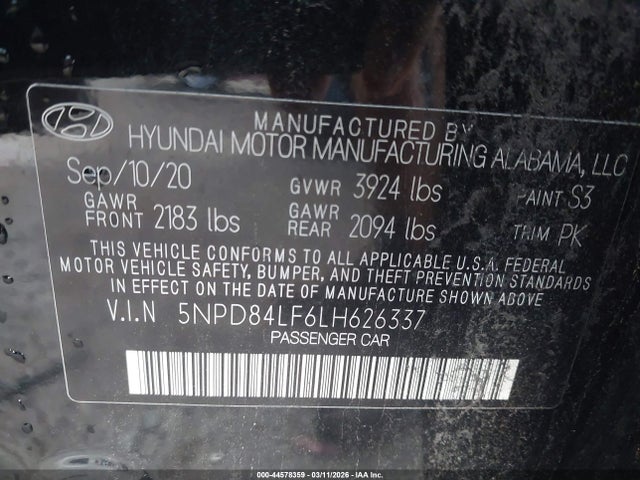 2020 Hyundai Elantra Value Edition მანქანა იყიდება აუქციონზე, vin: 5NPD84LF6LH626337, აუქციონის ნომერი: 44578359