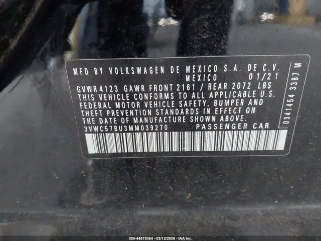 44578364 :رقم المزاد ، 3VWC57BU3MM039270 vin ، 2021 Volkswagen Jetta 1.4t R-line/1.4t S/1.4t Se مزاد بيع