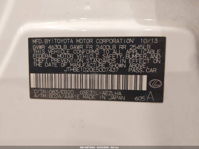 44578384 :رقم المزاد ، JTHBE1D20E5007437 vin ، 2014 Lexus Is 350 مزاد بيع