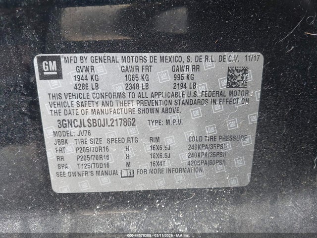 Продаж на аукціоні авто 2018 Chevrolet Trax Lt, vin: 3GNCJLSB0JL217862, номер лоту: 44578385
