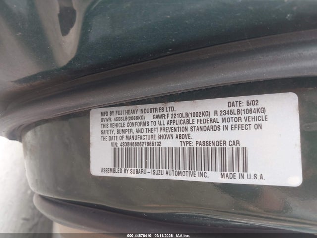 2002 Subaru Outback მანქანა იყიდება აუქციონზე, vin: 4S3BH665627665132, აუქციონის ნომერი: 44578410