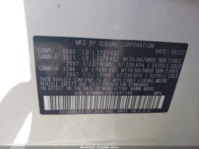 44578422 :رقم المزاد ، 4S4WMALD6N3441149 vin ، 2022 Subaru Ascent Limited مزاد بيع