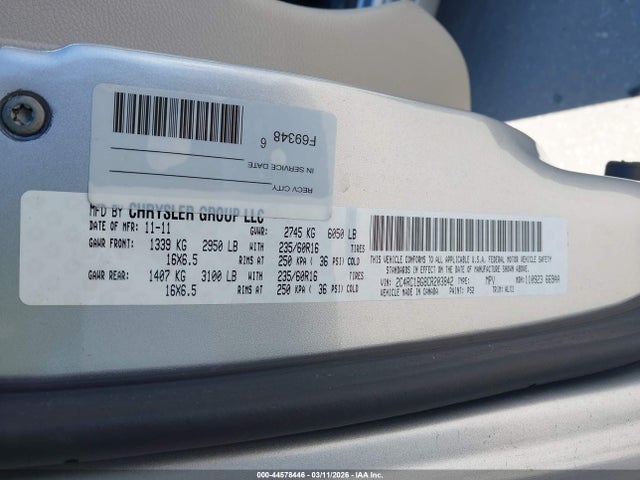 Продажа на аукционе авто 2012 Chrysler Town & Country Touring, vin: 2C4RC1BG8CR203842, номер лота: 44578446