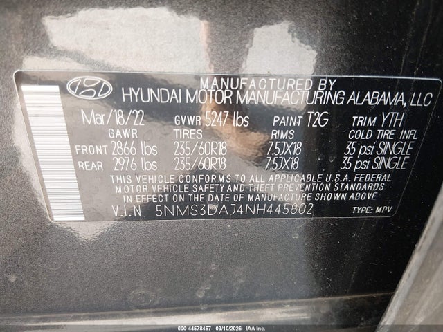 Продажа на аукционе авто 2022 Hyundai Santa Fe Sel, vin: 5NMS3DAJ4NH445802, номер лота: 44578457