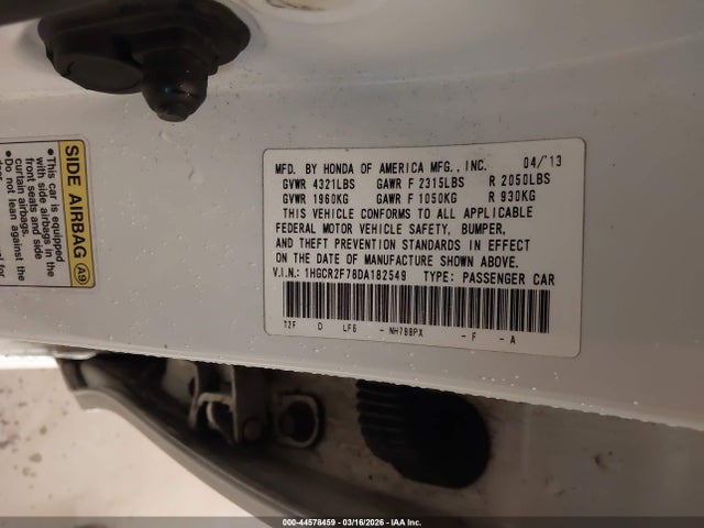 44578459 :رقم المزاد ، 1HGCR2F78DA182549 vin ، 2013 Honda Accord Ex مزاد بيع