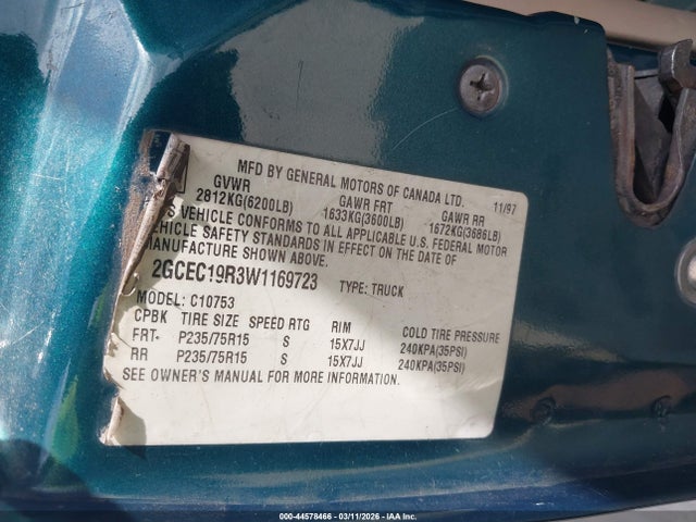 1998 Chevrolet C1500 Fleetside მანქანა იყიდება აუქციონზე, vin: 2GCEC19R3W1169723, აუქციონის ნომერი: 44578466
