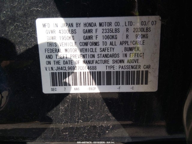 2007 Acura Tsx მანქანა იყიდება აუქციონზე, vin: JH4CL96937C014688, აუქციონის ნომერი: 44578476