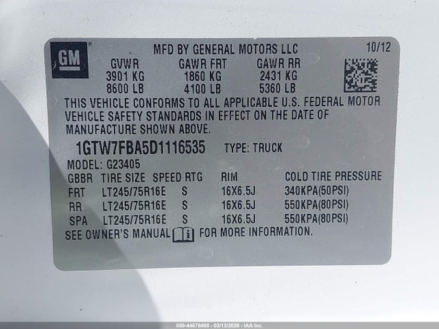 Продаж на аукціоні авто 2013 Gmc Savana 2500 Work Van, vin: 1GTW7FBA5D1116535, номер лоту: 44578488