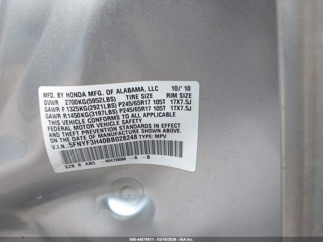 Aukcja sprzedaży 2011 Honda Pilot Ex, vin: 5FNYF3H40BB028248, numer aukcji: 44578511