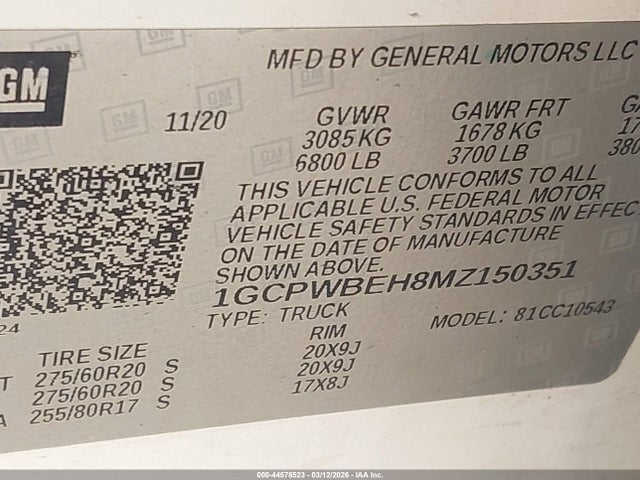 Продаж на аукціоні авто 2021 Chevrolet Silverado 1500 2wd  Short Bed Custom, vin: 1GCPWBEH8MZ150351, номер лоту: 44578523