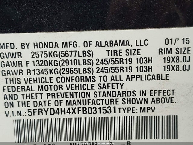 44578527 :رقم المزاد ، 5FRYD4H4XFB031531 vin ، 2015 Acura Mdx Technology Package مزاد بيع