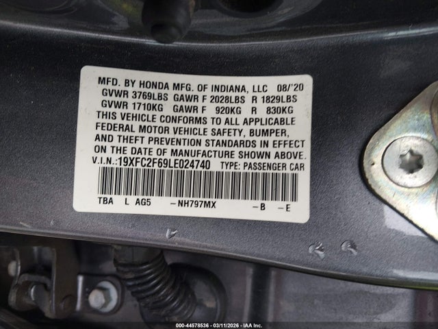 Aukcja sprzedaży 2020 Honda Civic Lx, vin: 19XFC2F69LE024740, numer aukcji: 44578536