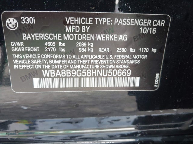 44578552 :رقم المزاد ، WBA8B9G58HNU50669 vin ، 2017 Bmw 330i مزاد بيع