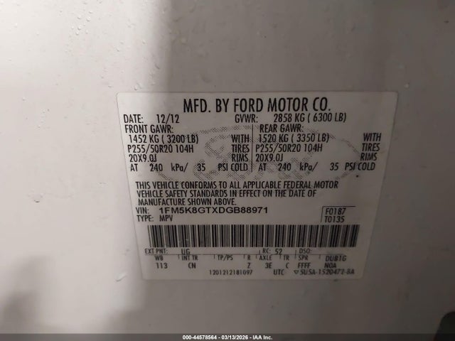 44578564 :رقم المزاد ، 1FM5K8GTXDGB88971 vin ، 2013 Ford Explorer Sport مزاد بيع