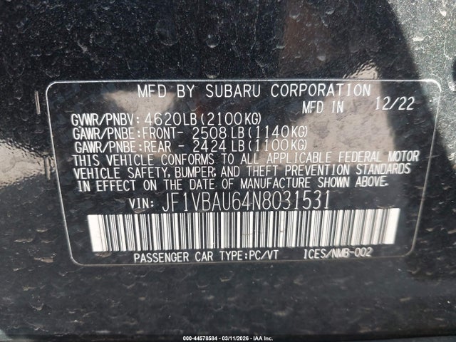 44578584 :رقم المزاد ، JF1VBAU64N8031531 vin ، 2022 Subaru Wrx Gt مزاد بيع