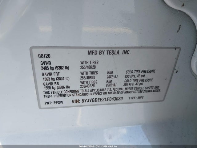 2020 TESLA MODEL Y 5YJYGDEE2LF043030 Photo 8